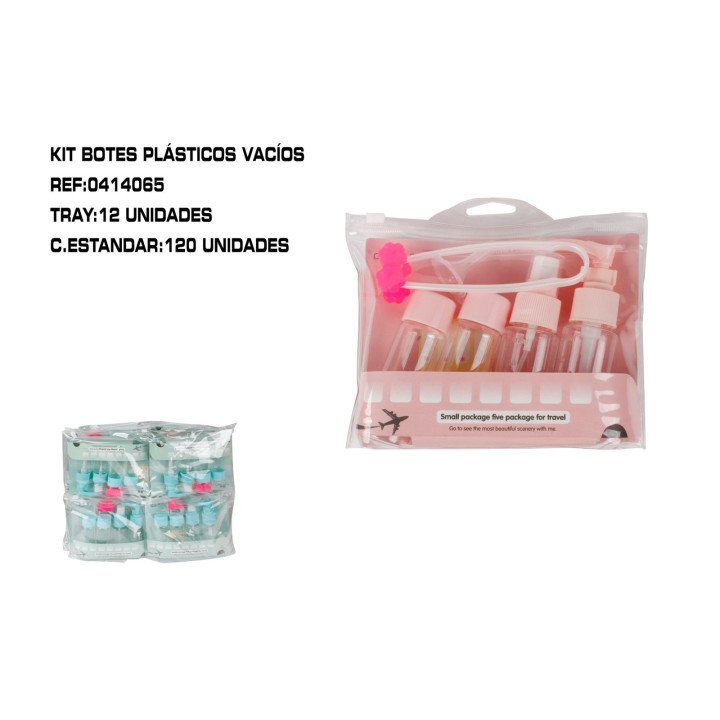 SET 4BOTES PARA VIAJE+MASAJEADOR+EMPUDO+ETIQUET 12/SET